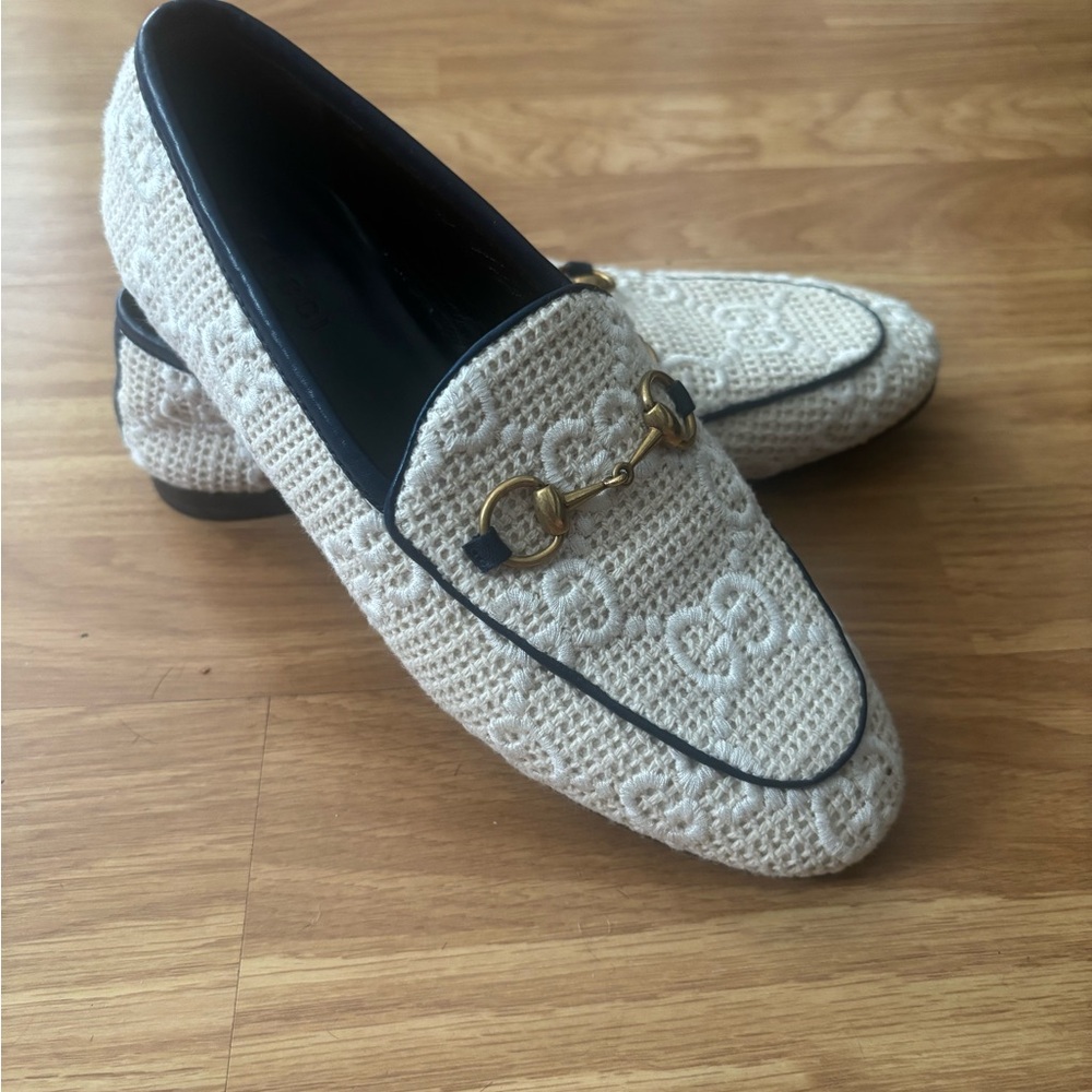 Gucci Jordaan GG Crochet Horse-bit Loafers Beige Woman’s Size 36